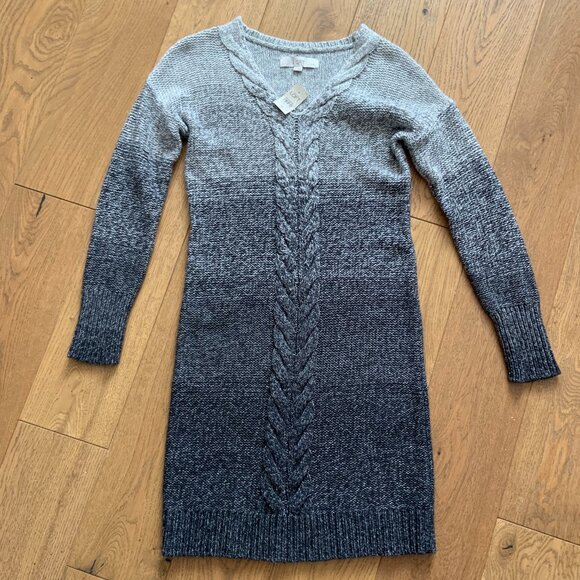 Ann Taylor Loft Grey Ombre Striped Knit V Neck Wool Blend Dress Small Petite - Picture 1 of 4